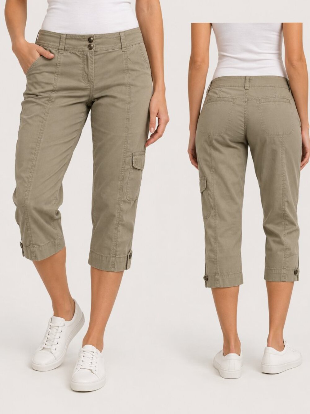 Chicos Womens Size 0.5 Khaki Cropped Pants With Pockets Stretch Cotton Blend